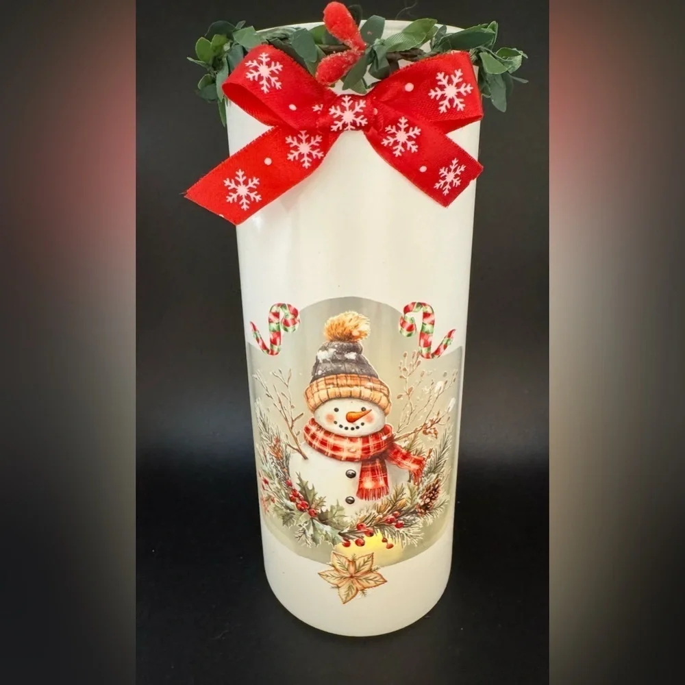 New OOAK White Snowman Pillar Cylinder Votive Christmas Candle